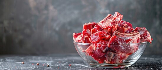 Poster - Glass bowl with beef ribs fresh red meat pieces on grey backdrop creating a captivating copy space image