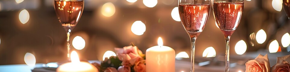 Wall Mural - Wine glasses, candles, flowers on elegant dining table, evening light, soft focus, blurred background, romantic setting, HD photo.