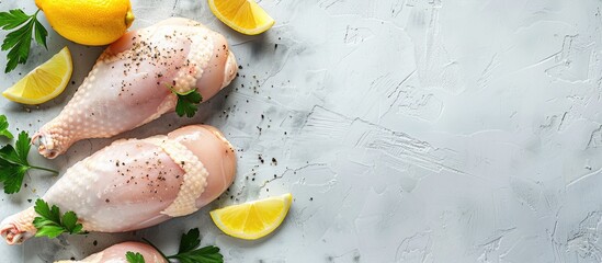 Wall Mural - Top view of fresh raw chicken garnished with lemon and parsley on a light grey table providing copy space image