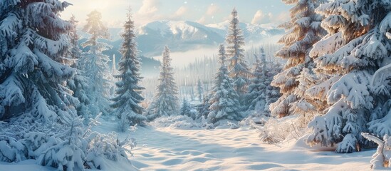 Sticker - Snow covered forest setting with a serene snowy landscape in the background featuring ample copy space image