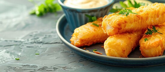 Canvas Print - Delicious fish finger served with a golden roasted appearance paired with a dipping sauce featuring prominently in a copy space image