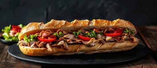 Poster - A Turkish doner sandwich presented on a black metal plate with copy space image