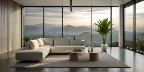 The image showcases a modern living room with a minimalist design, featuring a white sofa, a coffee table, a potted plant, and a large window with a view of the mountains. Generate AI	
