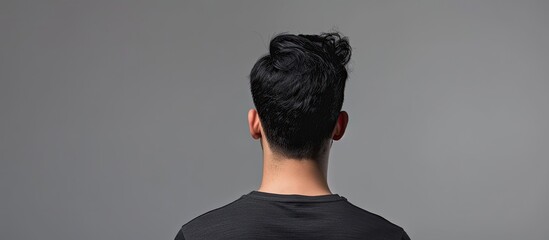 Back view of a man wearing a black t shirt against a grey background with copy space image