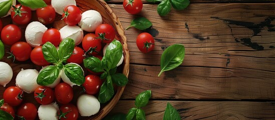 Wall Mural - A top view of mozzarella with basil and cherry tomatoes placed on a wooden table showcasing a copy space image