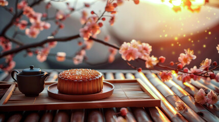 A beautiful arrangement of mooncakes and a traditional Chinese tea set, with blooming cherry blossoms in the background and soft, warm lighting. Perfect for cultural celebrations, Mid-Autumn Festival,