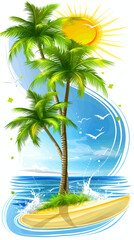 Wall Mural - A palm tree is in front of a blue ocean