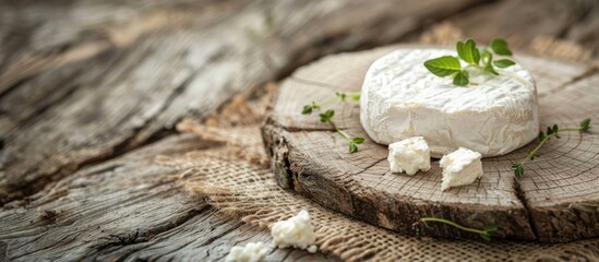 Poster - Fresh goat cheese served as a natural appetizer on a rustic table with copy space image background ideal for a meal or snack