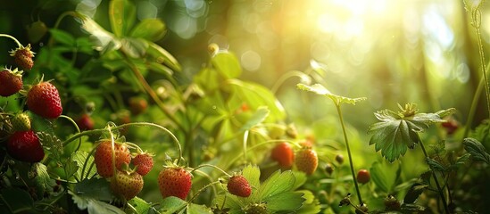 Wall Mural - Harvesting wild berries like strawberries in the forest during summer with a serene backdrop and ample copy space image