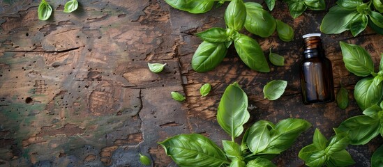 Sticker - Fresh basil essential oil and leaves displayed on a textured wooden backdrop symbolizing aromatherapy and herbal medicine with room for text in the copy space image