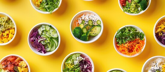 Canvas Print - Fresh poke bowls seen from above on a yellow surface with ample copy space image