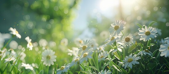 Wall Mural - Sunny day at the park with a close up image of daisies and copy space image