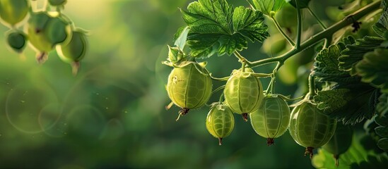 Wall Mural - A branch with green gooseberries providing a fresh and vivid copy space image