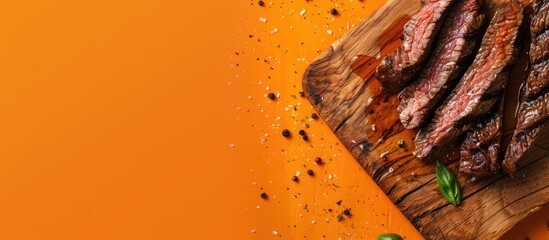 Sticker - Top view of a medium rare grilled Machete or skirt beef steak on a wooden cutting board against an orange background with copy space image