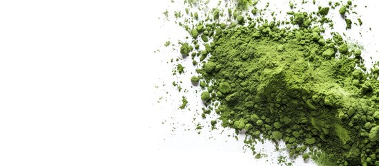 Poster - Top view of green matcha powder on a white background with copy space image