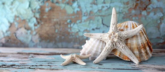 Wall Mural - Seashells or starfish on a table with a sea themed background for placing text in a copy space image