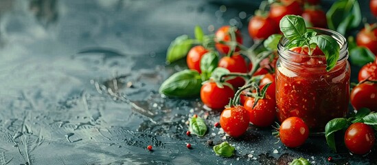 Sticker - Fresh cherry tomatoes and vibrant green basil displayed on a textured background with a jar of tomato sauce all suitable for a vegan salad portraying organic ingredients with a designated spot for te