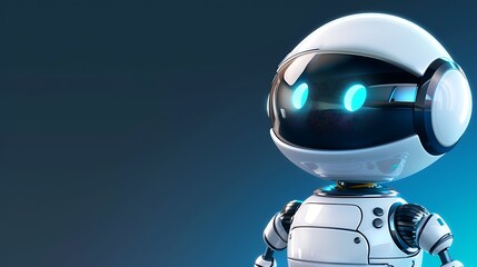 A futuristic humanoid robot on a clean navy blue background with glowing blue lights.