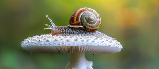 Canvas Print - A tiny snail on a white mushroom against a green backdrop in a copy space image