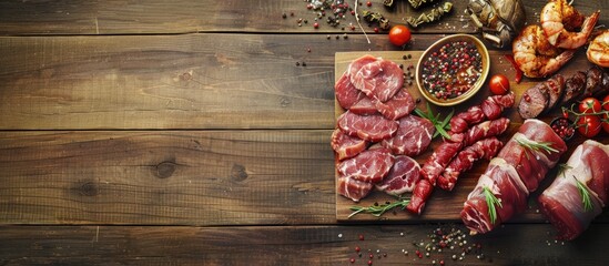 Sticker - Assorted meats are laid out on a cutting board with copy space image