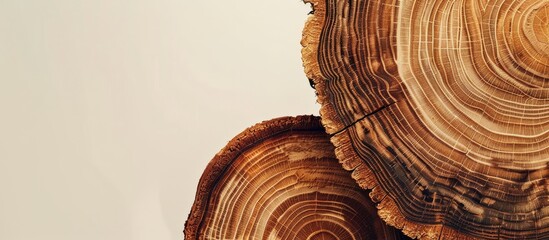Wall Mural - A cross section of wood displays two brown circular patterns against a copy space image