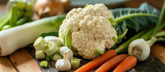 Poster - Cauliflower carrots and leeks are prepared to be made into soup with a copy space image