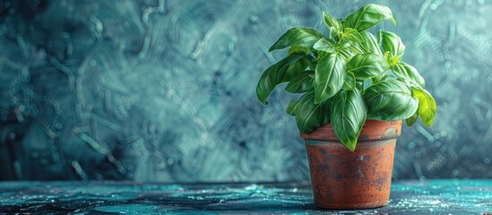 Poster - Basil plant with fresh organic leaves in a pot on a textured background representing vegan home gardening with plenty of copy space image for basil related content