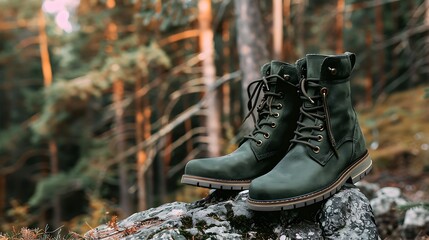 An dark green boots emphasizing the zipper heel and worn in leather isolated in the forest on the rock