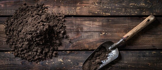 Poster - Top view of a metal shovel with soil displayed on a wooden table with space for text in the image. Copy space image. Place for adding text and design