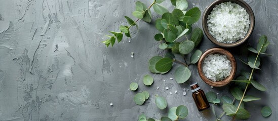 Poster - Essential oils sea salt and eucalyptus leaves displayed on a gray backdrop for a flat lay composition with ample copy space for text