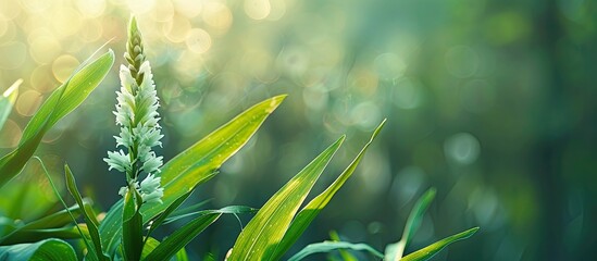 Canvas Print - Macro close up of wild grass flower with green leaves on the left set against a blurred background providing ample copy space image