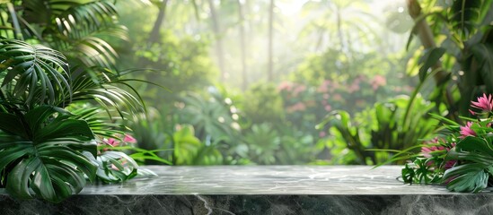 Wall Mural - elegant nature display background with a marble top and a lush green floral garden or forest in sele