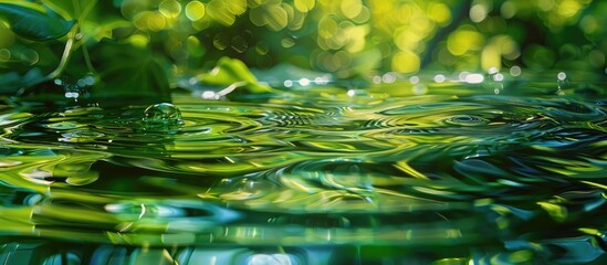 Poster - Green leaves in a glossy abstract setting with paints acrylic and glitter in water creating ripples and waves on the shiny liquid surface offering copy space image