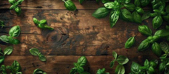 Sticker - Fresh green organic basil leaves with a kitchen herbs and spices theme on a textured wooden surface perfect for salads and providing copy space for images