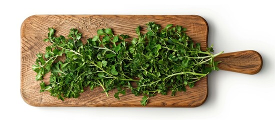 Sticker - Broccolini sprouts arranged on a cutting board for cooking against a white background in a top view copy space image