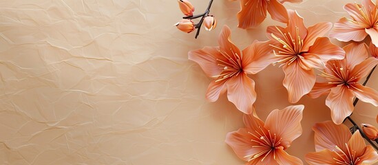 Poster - From top view a beige background features a blank sheet of paper with a charming flower offering ample space for text alongside the image