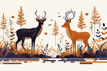 Sticker - Two Deer in a Forest Scene with Floral Elements