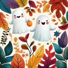 Wall Mural - Cute vintage Halloween with playful ghosts and autumn leaves, set against a retro background, whimsical and nostalgic