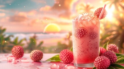 Exotic lychee juice with lychee fruits and a straw on a tropical background, with a galaxy spiral in the sky