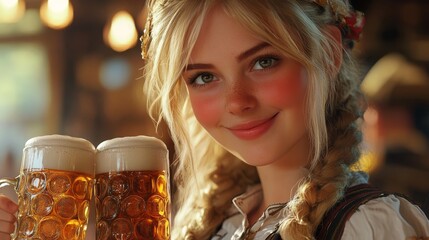 A woman with blonde hair is holding two beer mugs