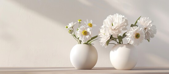 Wall Mural - Two elegant ceramic vases holding white peonies and daisies add a touch of summer to this floral display perfect for a greeting card with copy space image