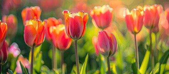 Wall Mural - Vivid tulip blooms in the garden a natural symbol of spring with a vibrant and appealing appearance against a plain background perfect for a copy space image