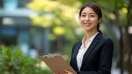 Japanese businesswoman smiling while holding a clipboard