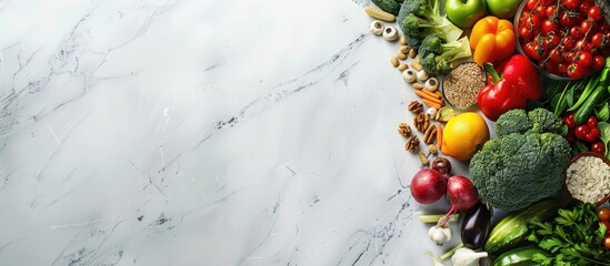 Poster - Fresh vegetables fruits and grains providing protein for vegetarians displayed on a white marble surface with ample copy space for a banner design