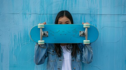 beautiful woman covering her face with a blue skateboard