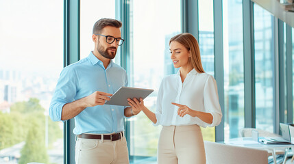 two coworkers, a man and a woman, stand near a floor-to-ceiling window in a chic office. The man, wearing glasses and a light blue shirt, holds a tablet, while the woman, in a whit