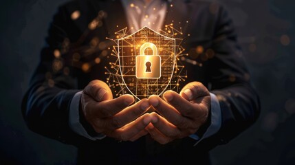 Businessman holding Shield with padlock in both hands. Cyber ​​security business data protection concept.