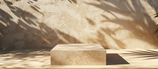 Sticker - Ideal for showcasing beauty products a square stone podium stands on sand with leaves casting shadows perfect for a captivating display suitable for a copy space image