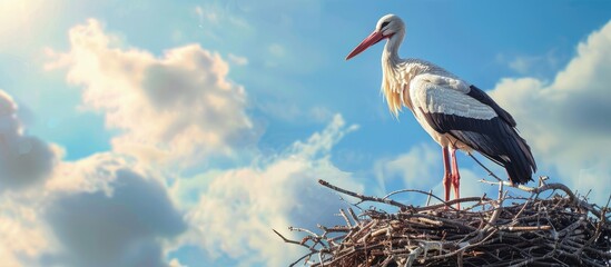 Wall Mural - A stork in its nest constructing it against a dramatic blue sky with copy space High quality image