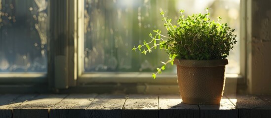 Canvas Print - Thyme plant in a peat pot on a windowsill with copy space image